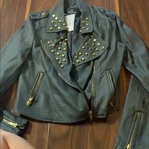 Faux grey leather jacket with gold stones/ zippers